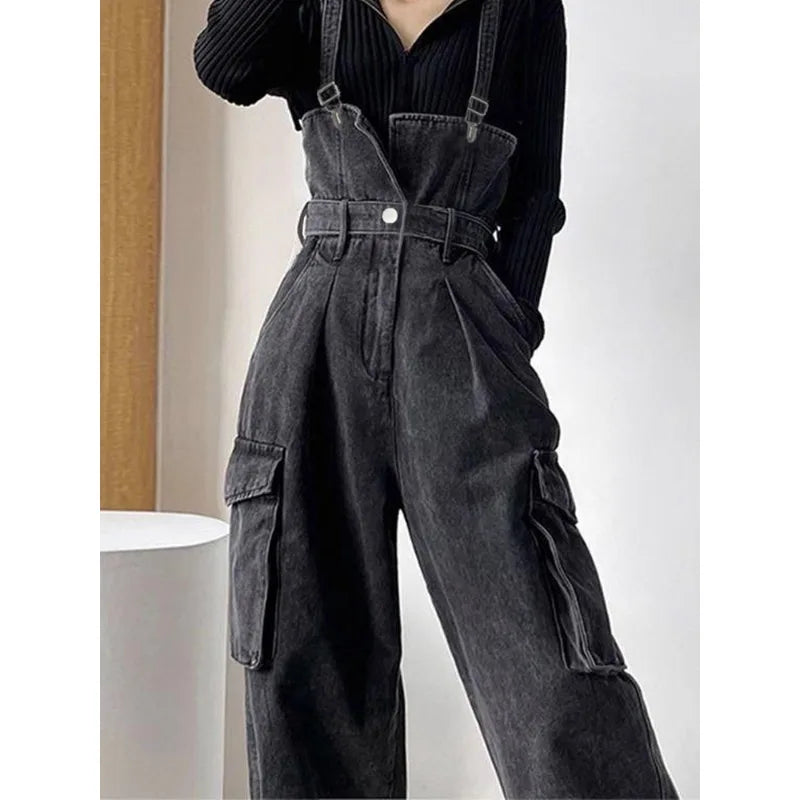 Women's Summer Adjustable Straps Cargo Pocket Denim  Non-Stretch High Waist Wide Leg Casual Vintage Y2K Streetwear Jumpsuit