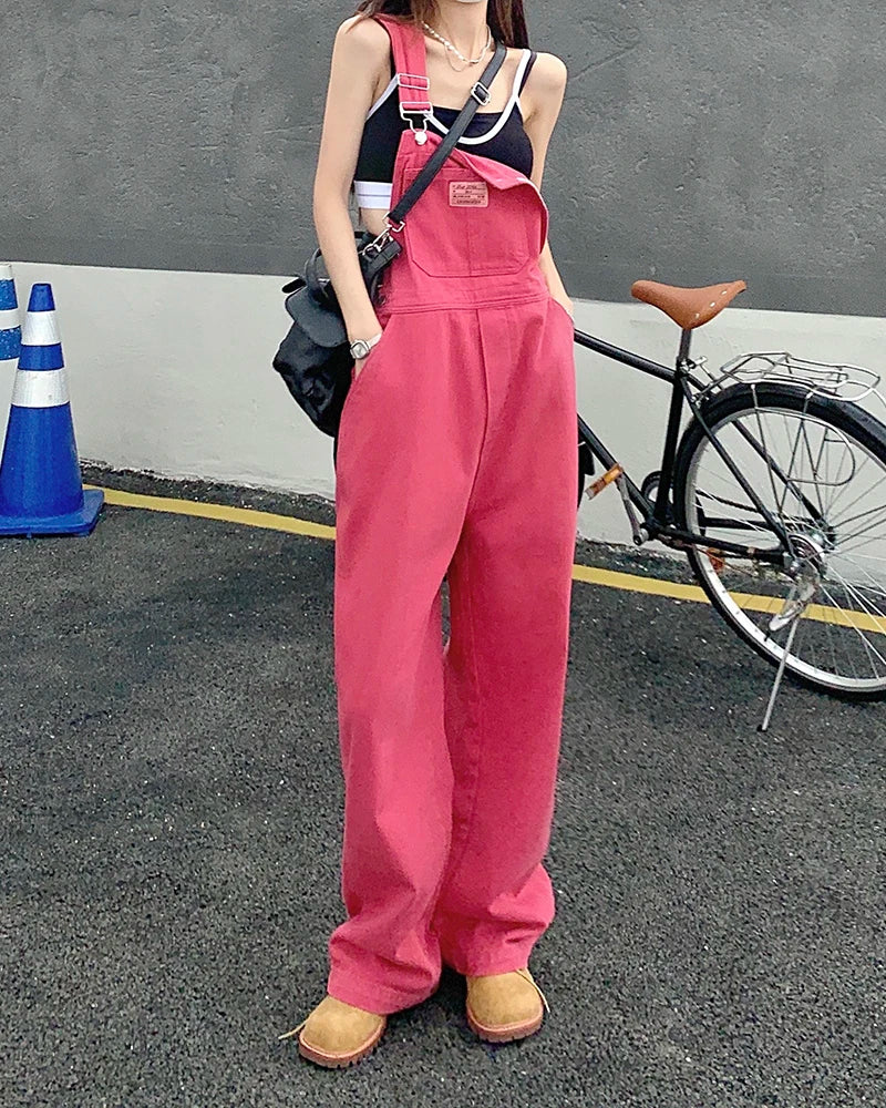 XS-XL jean womens 2022 Summer Preppy Style loose Girls Pink wide leg trousers jumpsuit korean casual denim overalls womens(78891