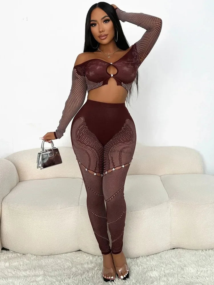 Leosoxs Sexy Thick Women 2Piece Set Chic Hollow Rhinestones Slash Neck Crop Tops+Patchwork Leggings Stretch Matching Clubwear