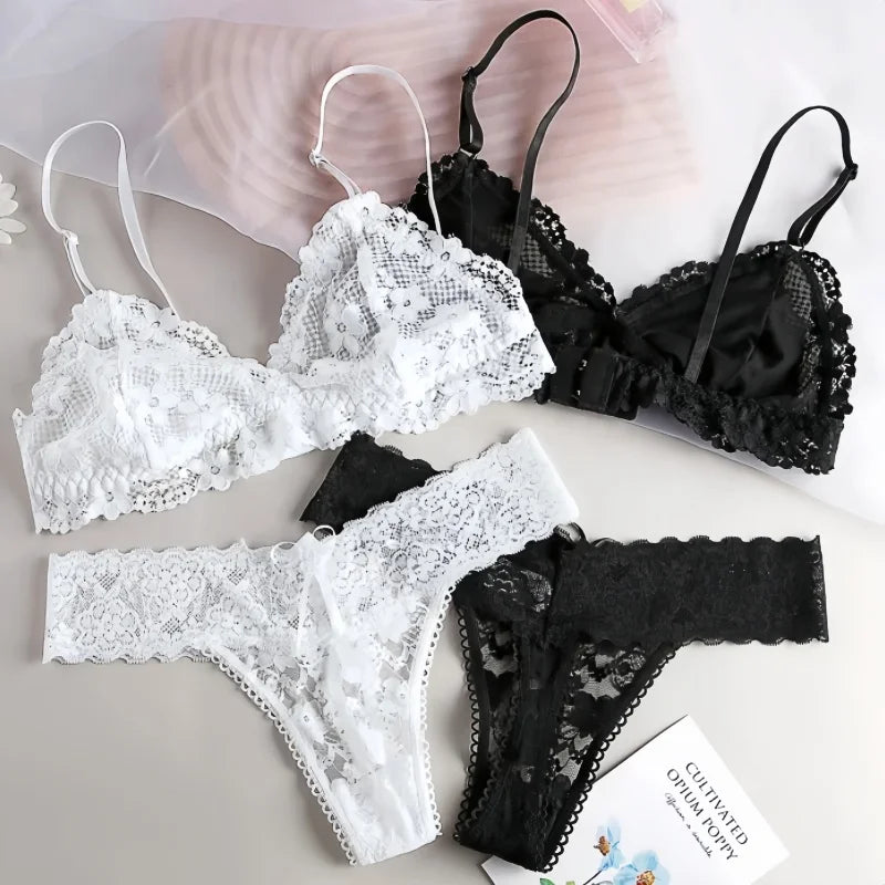 Women Lace Bra and Panties Set Sheer Floral Lace Wireless Bralette Sexy No Pad Lingerie Set Low Rise T-back Panty Underwear Set