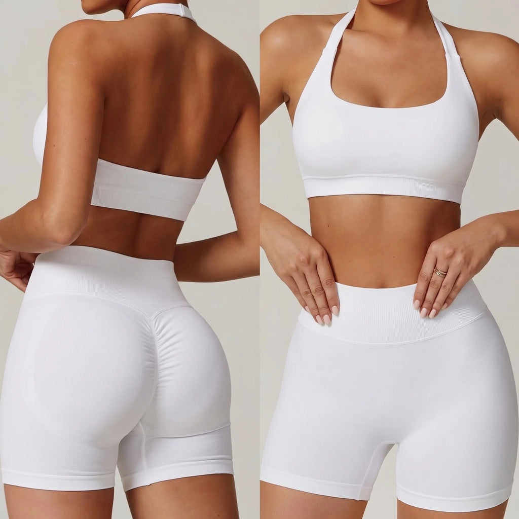Women's Seamless 2-Piece Yoga Suit Halter Neck Sports Bra with Matching Impact Shorts Suit Fitness Gym Set Workout Outfit