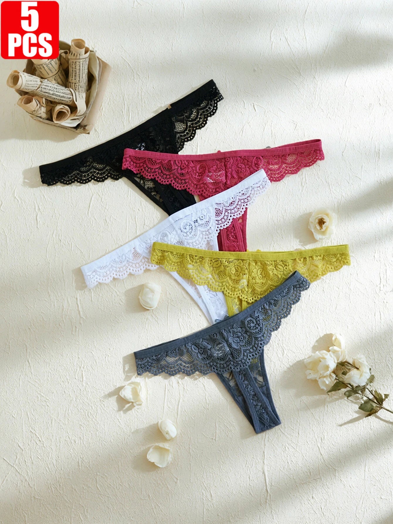 5-Pack Women's Lace Panties, Fashionable, Comfortable, Close-Fitting, Low-Waisted, Sexy, Solid Color Thongs