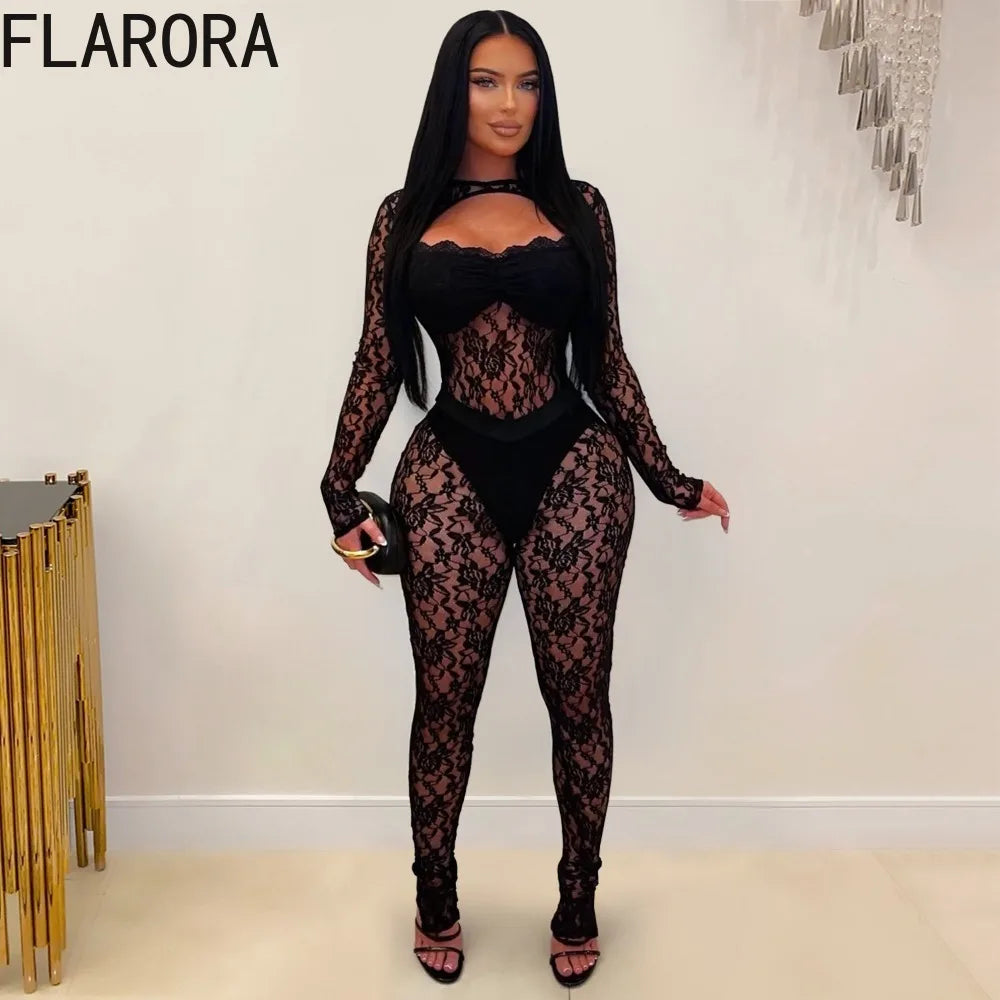 FLARORA Sexy Lace Hollow See Through Jumpsuits Woman O Neck Full Sleeve Peach Hip Slim Jumpsuit Midnight Party Clubwear Overalls