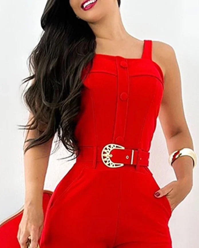 Women's Elegant Jumpsuits Square Neck Thick Strap Front Button  Cropped Jumpsuit Summer Fashion Women Overalls with Belt