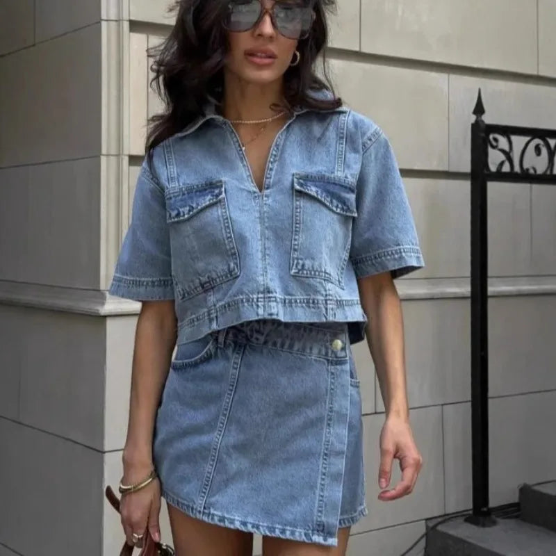 2026 New Elegant Blue Denim Outfit for Women Short Sleeve Top and Wrap Skirt Set for Casual and Streetwear Women's Matching Sets