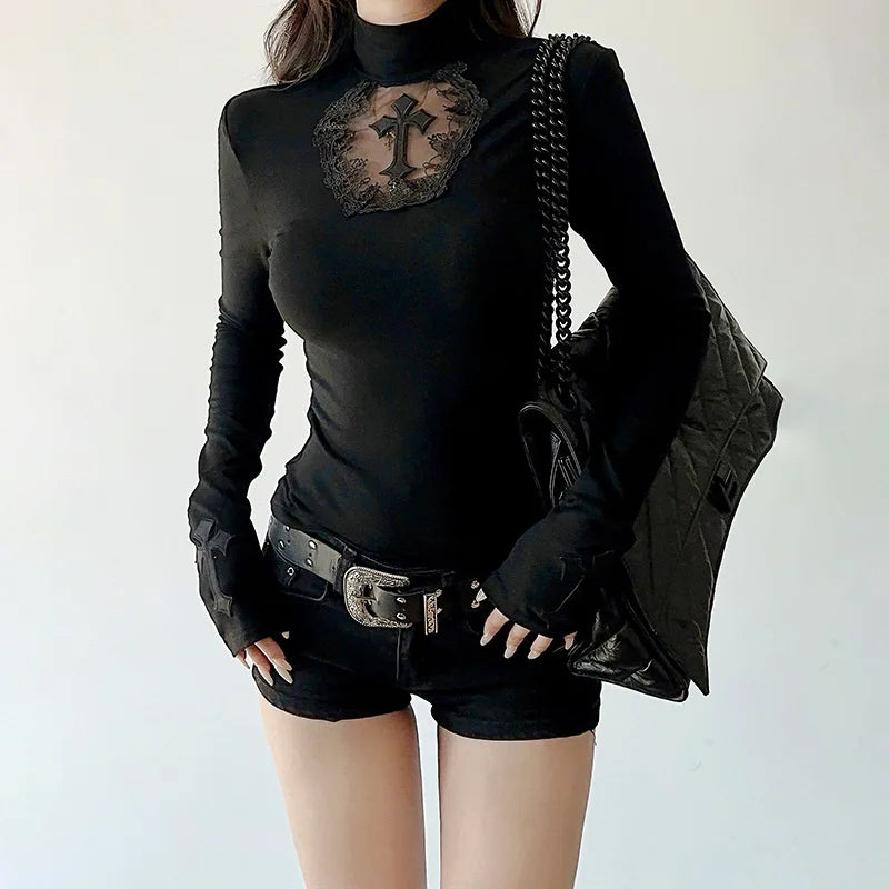Turtleneck Top Y2k Clothes Black Gothic Cross Hollow out Slimming Bottoming shirt for Women Long Sleeve Sexy T-shirt Girls Tops