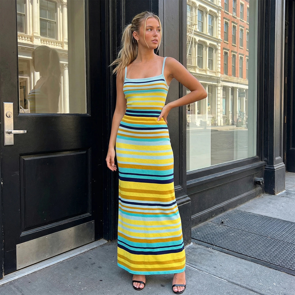 Women’s Two Piece Summer Knitted Outfits Sleeveless Spaghetti Strap Tank Tops and Long Skirt Set Holiday Beachwear