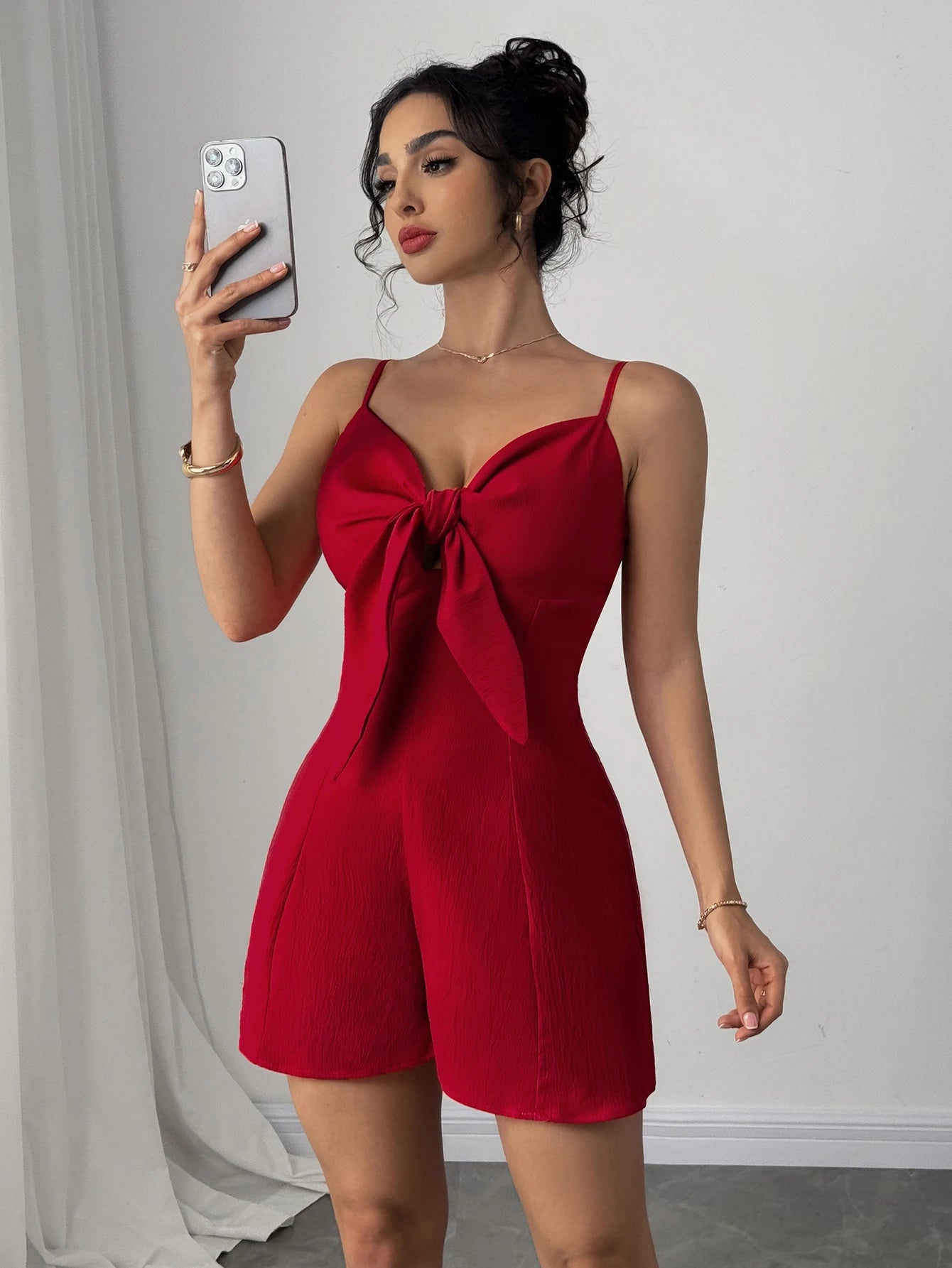 Women's Red Spaghetti Strap Romper Bow Front Cutout Sleeveless Waist-Cinched Short Jumpsuit Elegant Spring Summer Party Romper