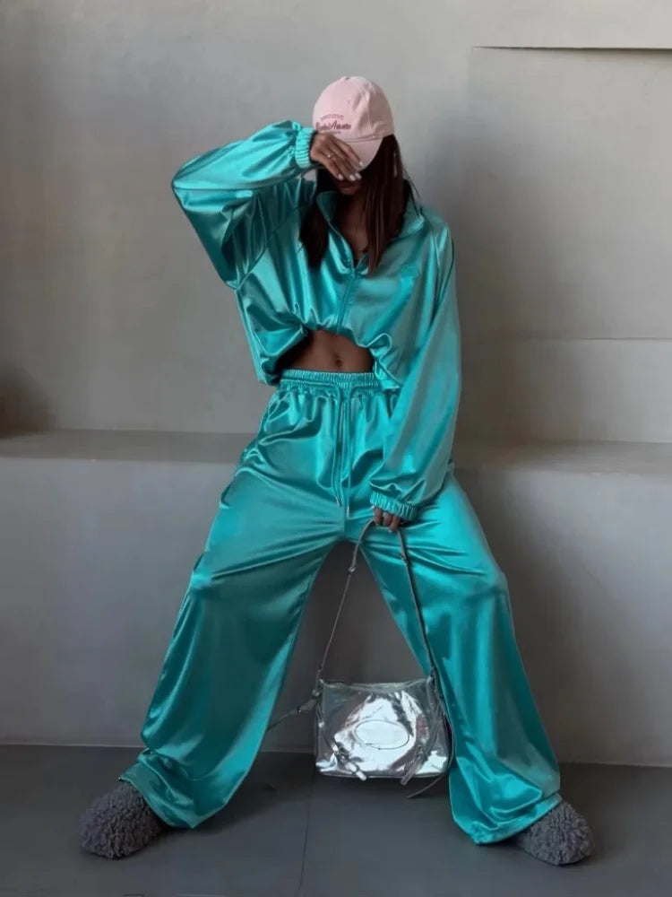 Women Satin Shiny Two Piece Set Zipper High-waisted Drawstring Wide Leg Pants