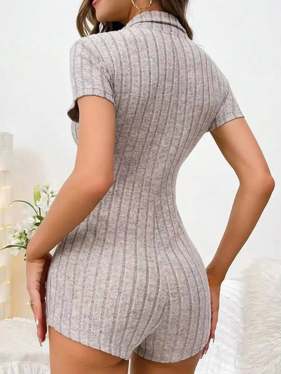 Women's Romper Polo Collar Button Front Ribbed Knit Bodycon Mini Grey Casual Sexy Spring Summer Streetwear One Piece Playsuit