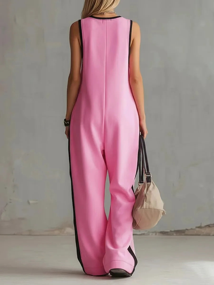 Casual O Neck Wide Leg Jumpsuit Women Summer Zipper Sleeveless Vintage Elegant Color Blocking Loose Pants Jumpusits Woman Romper