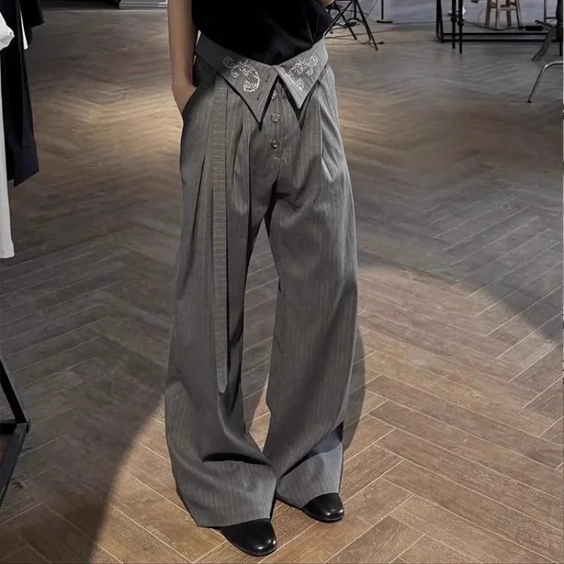 Fashionable Pinstripe Casual Pants Spring Autumn Wide-Leg Vintage Embroidered Men's Clothing Loose Folds Straight Basic Trousers