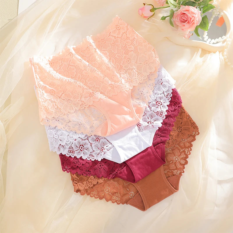 4Pcs/Set High-Waisted Hollow Out Lace Panties For Women Soft Cotton Crotch Breathable Comfortable Pan
