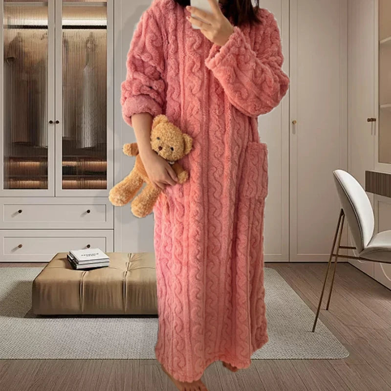 New Winter Women Pajamas Warm Sleepwear Flannel Sleeping Dress Thick Night Dress Nightgown Nightwear Home Wear