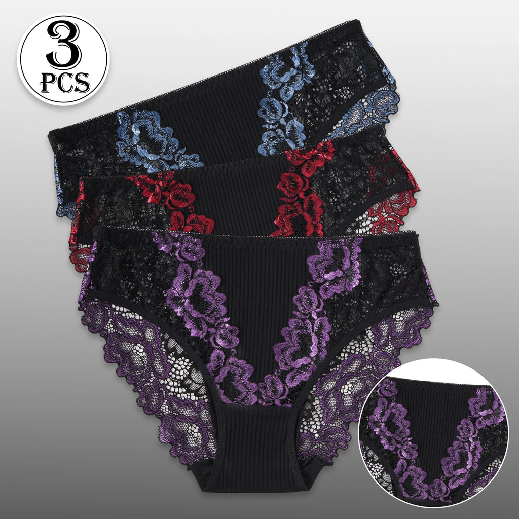 3PCS Women Contrast Lace Striped Cotton Briefs Sexy Semi-Sheer Lace Floral Panties Female Soft Comfortable Lingerie S-XXL Hot