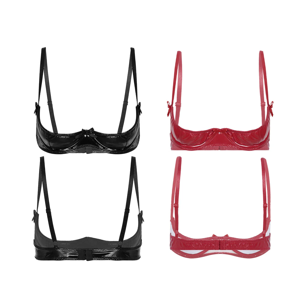 Women Shiny Metallic Leather Underwired Bra Push Up Latex Bras Lingerie Cupless Adjustable Shoulder Straps Unlined Brassiere