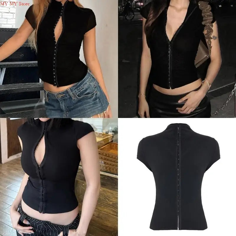 Women's Summer Short Sleeve Shirt Front Hook and Eye Closure Blouse Collared Ribbed Kintted Crop Top Goings Out Tops