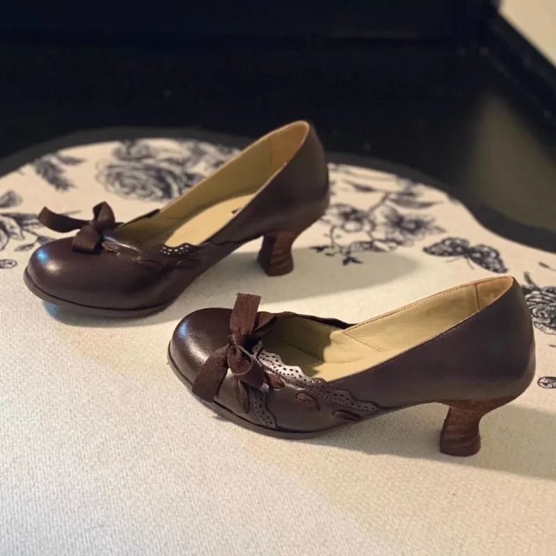 Vintage Brown Chunky Heel Women Pumps Bowknot Round Toe Design Elegant Mary Jane Shoes Comfortable Autumn Winter Women's Shoes