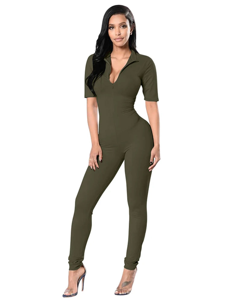 New Autumn and Winter Short Sleeve V Neck Bodycon Jumpsuit Full Lengt Rompers Women Jumpsuits