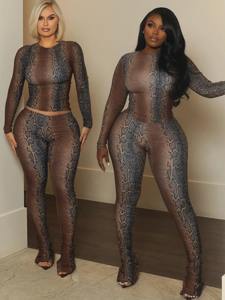 Serpentine Print 2 Piece Set Woman o-Neck Full Sleeve Tops+Skinny Peach Hip Long Pants Hot Girls Street Sexy Fashion Suits