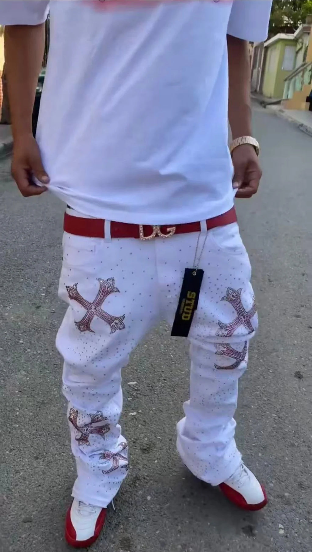 Mens Unisex White Rhinestone Studded Cross Design Skinny Flared Jeans Hip Hop Streetwear Y2K Vintage High Waist Denim Pants