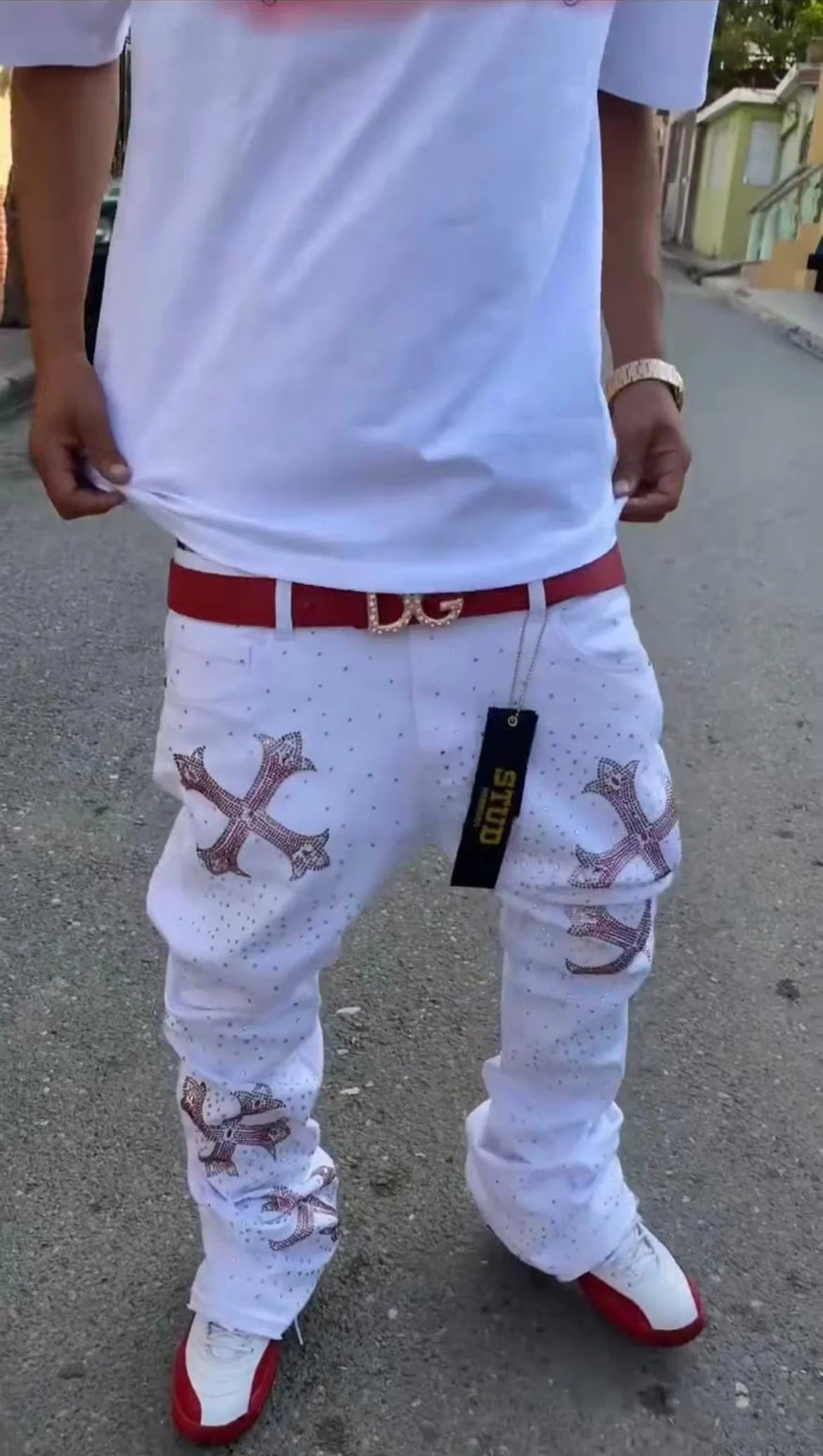 Mens Unisex White Rhinestone Studded Cross Design Skinny Flared Jeans Hip Hop Streetwear Y2K Vintage High Waist Denim Pants