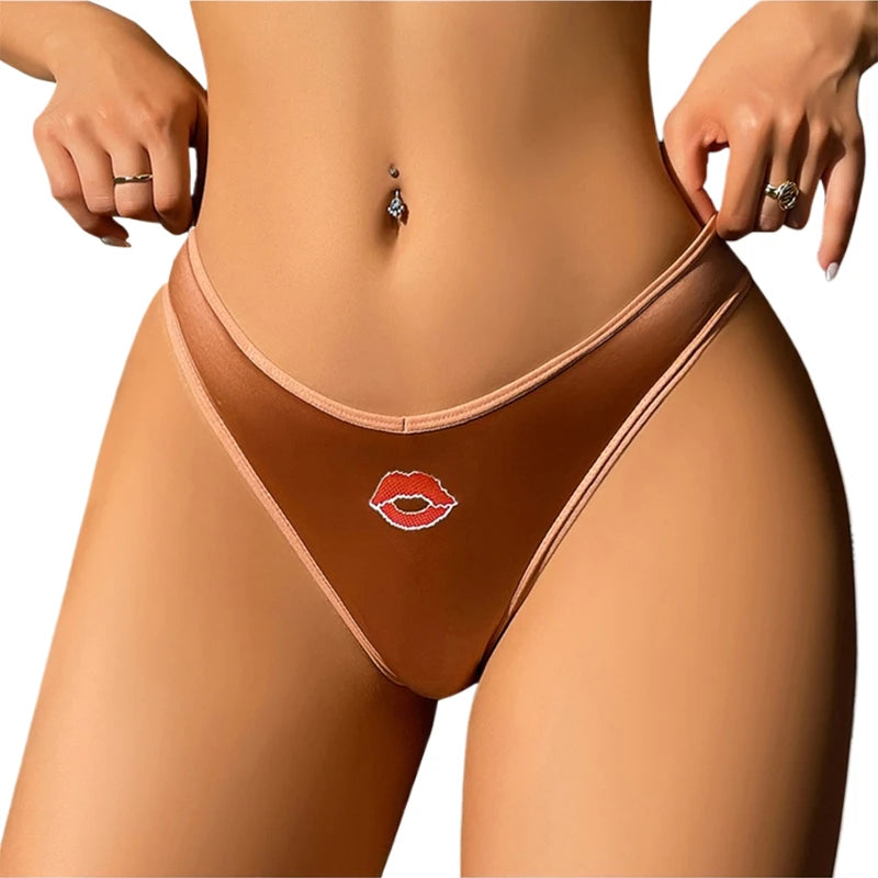 CINOON Women's Sexy Satin Ice Silk Panties Lip Print Low Rise High Cut Silky Smooth Breathable Ladies Intimate Soft Lingerie