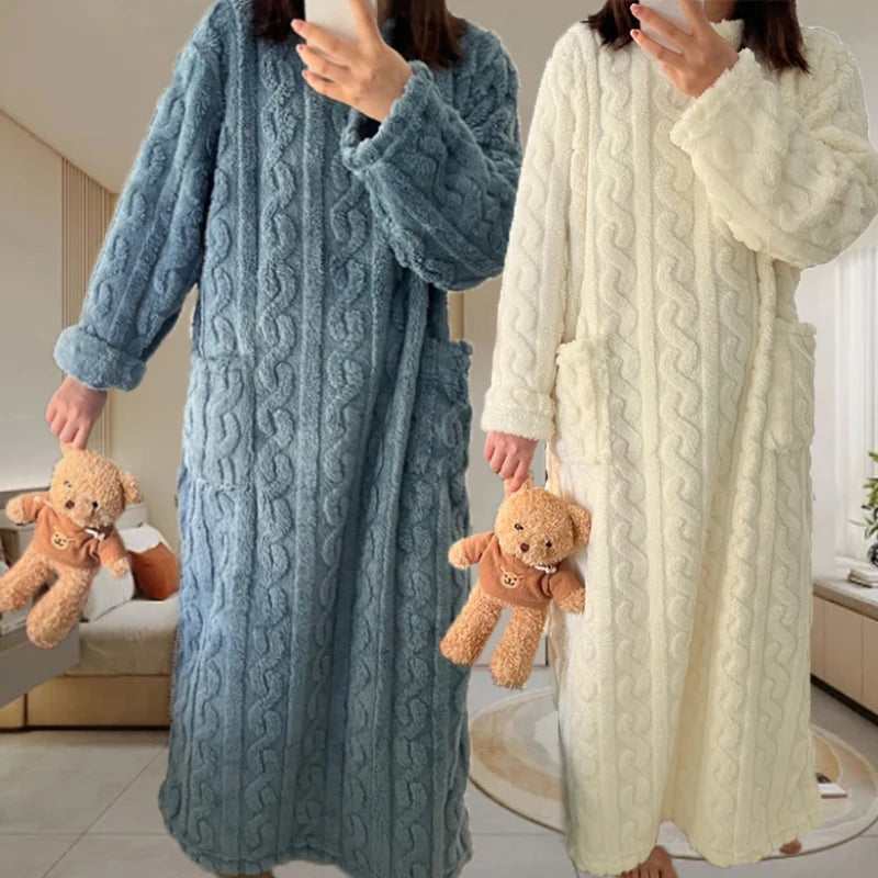 New Winter Women Pajamas Warm Sleepwear Flannel Sleeping Dress Thick Night Dress Nightgown Nightwear Home Wear