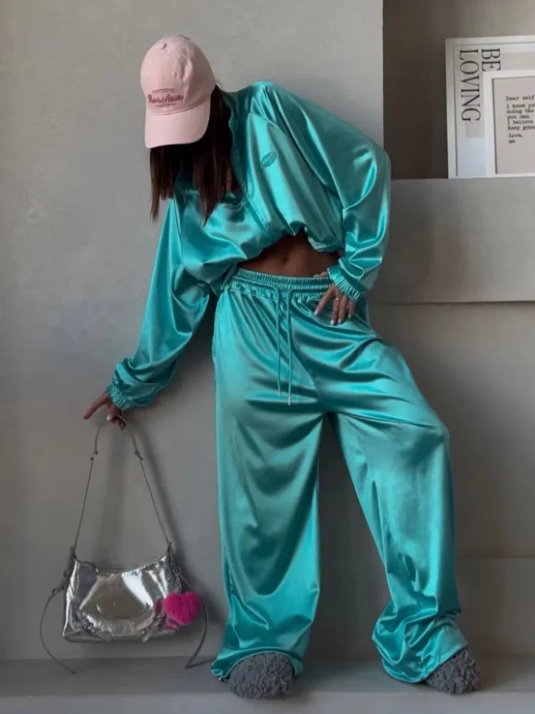Women Satin Shiny Two Piece Set Zipper High-waisted Drawstring Wide Leg Pants