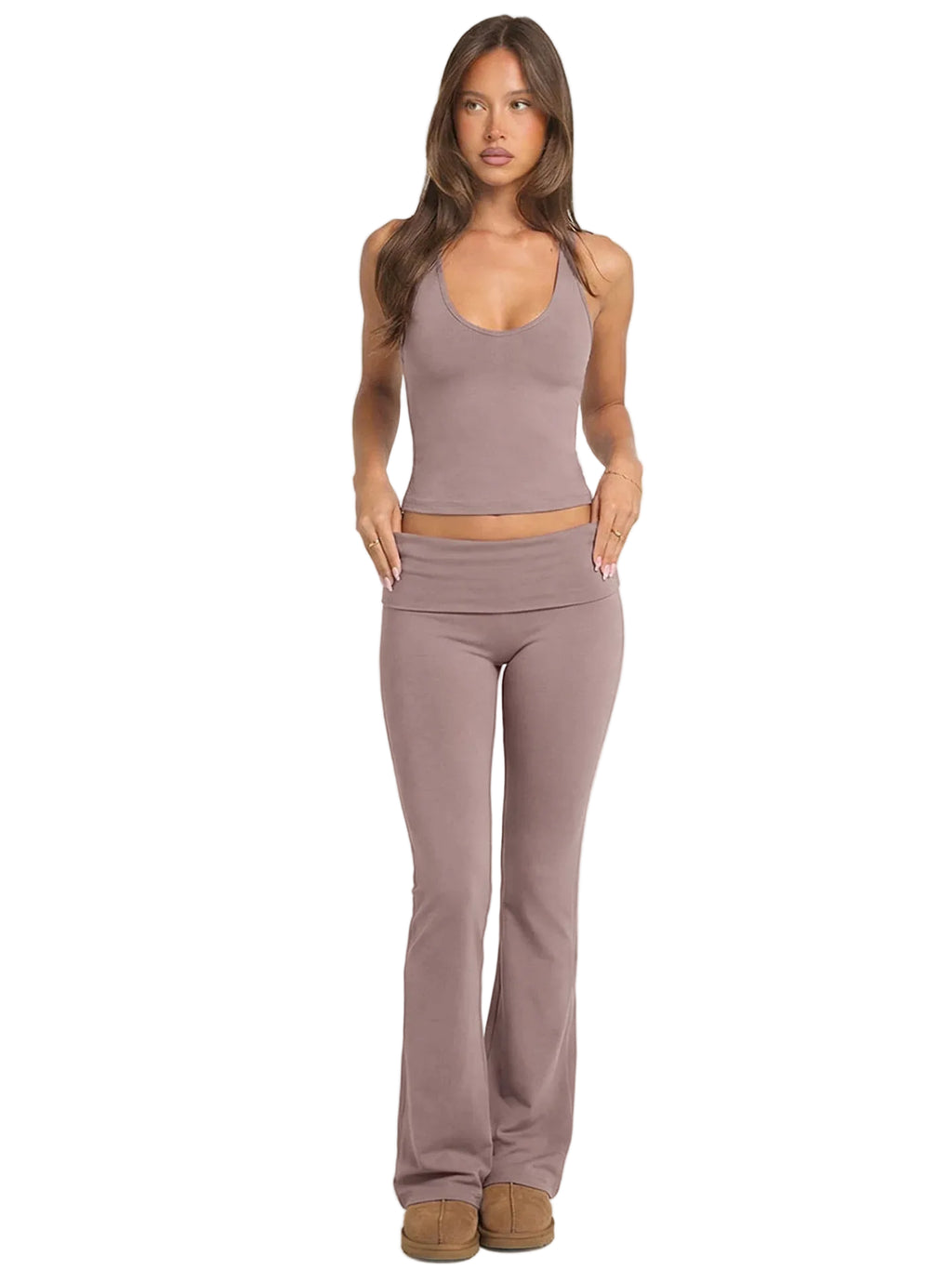 2 Piece Yoga Set Women Foldover Waist Flare Pants Bell Bottoms Tank Top Matching Set Gym Workout Fitness Wear Lounge Wear Suit