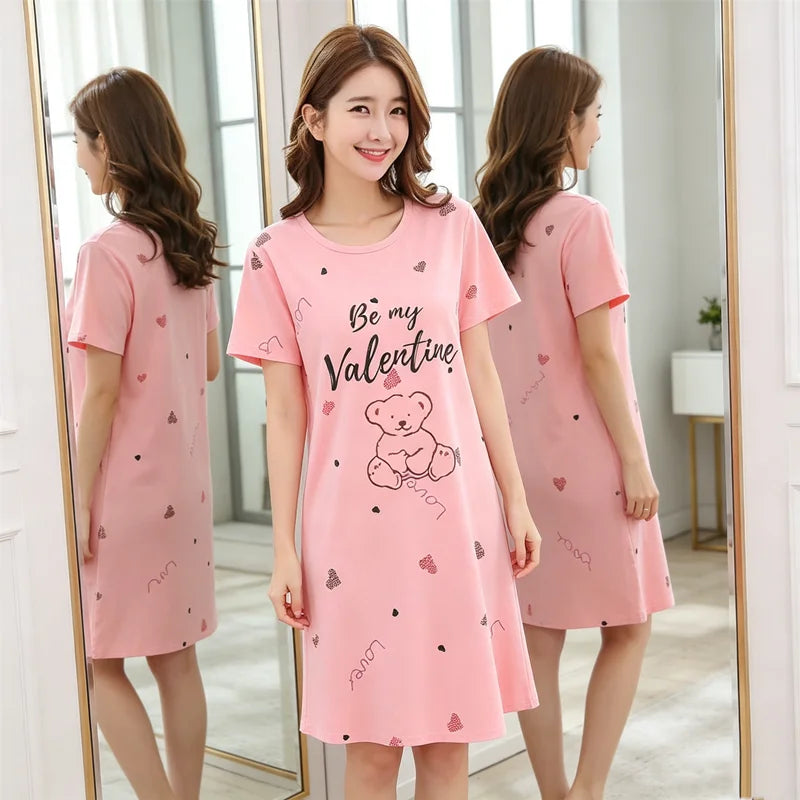 Women Large Size Pajamas Short-Sleeved Nightgown Cartoon Bear Long Student Robe Rabbitlong Skirt Loungewear Girl Dress
