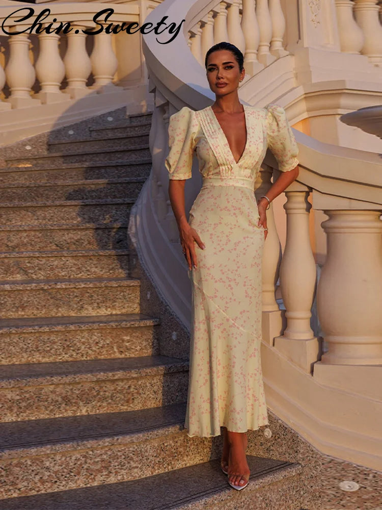 Sexy Patchwork Print Women Dress Fashion V-neck Short Puff Sleeve Hip Package Female Dresses 2026 Spring Summer Urban Lady Robe