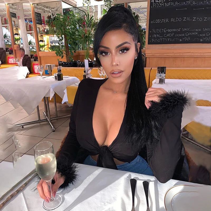 2024 long sleeve fur V-neck wrapped bandage sexy crop tops autumn winter women streetwear club party outfits T-shirts