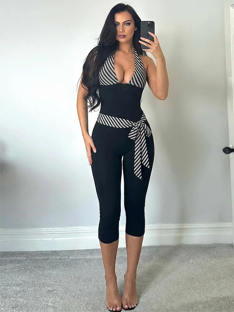Kliou Stripes Patchwork Jumpsuits Woman Bandage Halter Low-Neck Backless Sleeveless Skinny Stretch Hot Girls Fashion Overalls