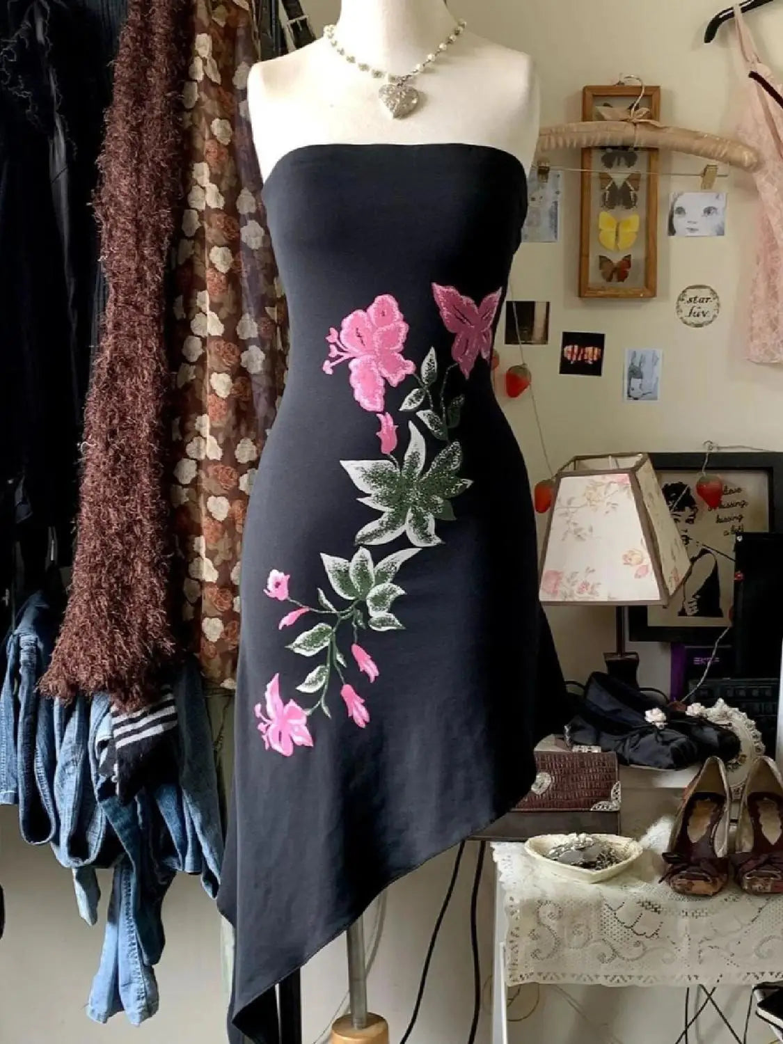 Hottie Streetwear Fairy Print Strapless Dress Harajuku Elegance Irregular Dresses Women Y2K American Slim Waist Tunic Vestidos
