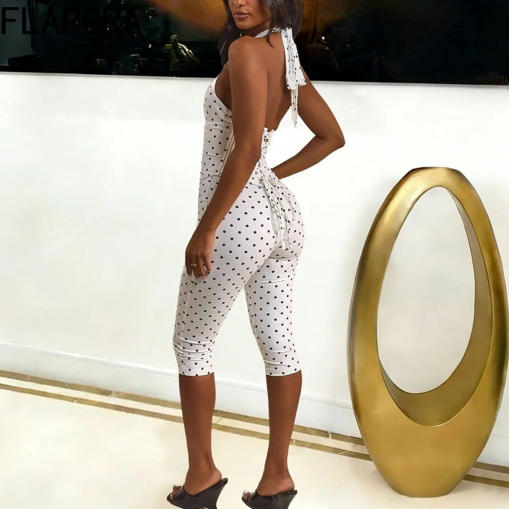 FLARORA Sexy Polka Dot Print Jumpsuit Woman Halter V-neck Corset Backless Bandage Calf Length Skinny Peach Hip Street Overalls