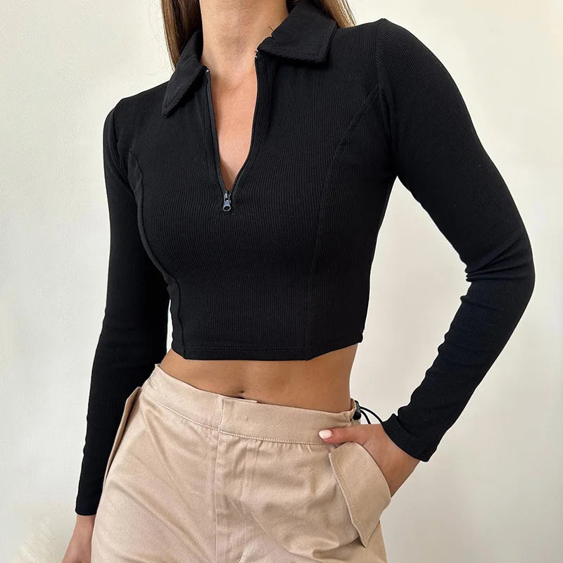 Women's T-shirt Autumn New Black Long Sleeves Crop Top Casual Fashion Zippers T-shirt Lady Turn-down Collar Sexy Tops Clothing