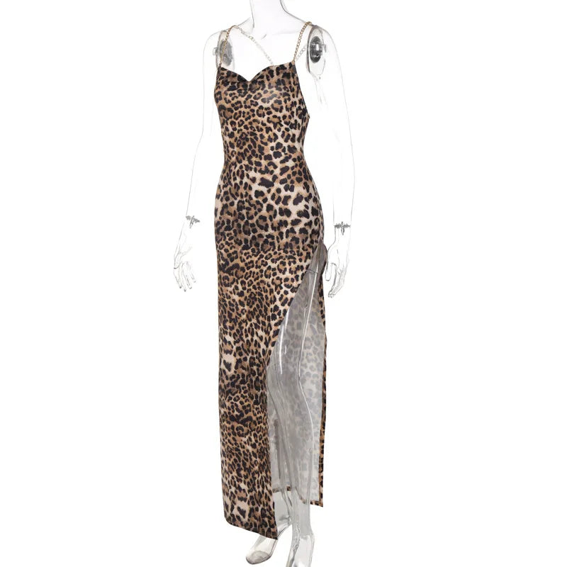 Leopard Sleeveless Slit Backless Dress Summer Women Spaghetti Strap Dresses Fashion Sexy High Waist Slim Camisole Party Vestidos