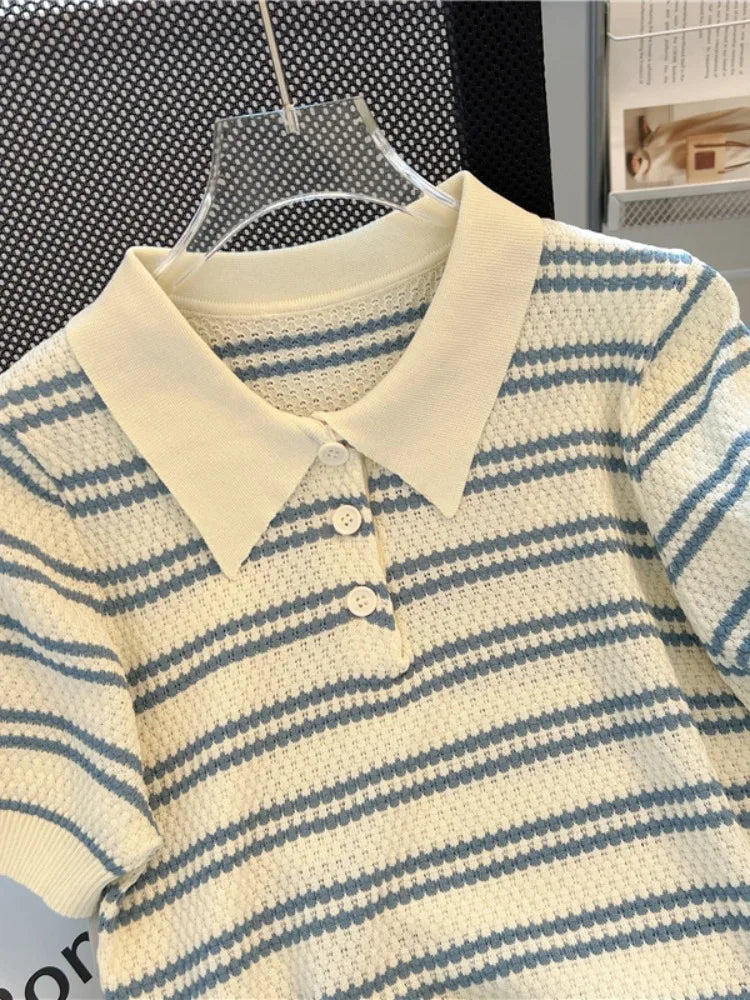 2025 Polo Neck New Womens Knitting T-Shirt Striped Short Sleeve Women T Shirt