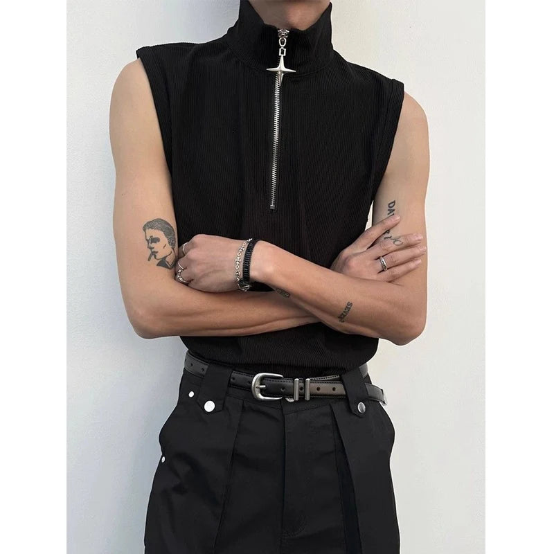 High Street Zipper Patchwork Tank Tops Men's Summer New Sleeveless Solid Simplicity Casual Pullovers Fashion Trend Men Clothing