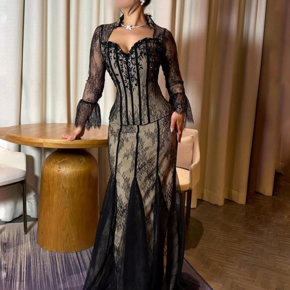 Customized Lace Formal Long Sleeves Evening Dress for Women Pleat Mermaid Long Dresses Elegant Prom Wedding Party Dress