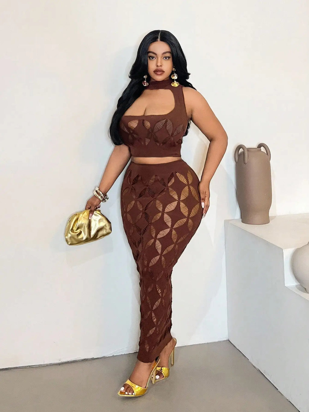 2PCS Women's Sexy Set Black&Brown Mesh Hollow Out Crop Tank & High Waist Bodycon Mini Skirt Lace Stretechy Clubwear