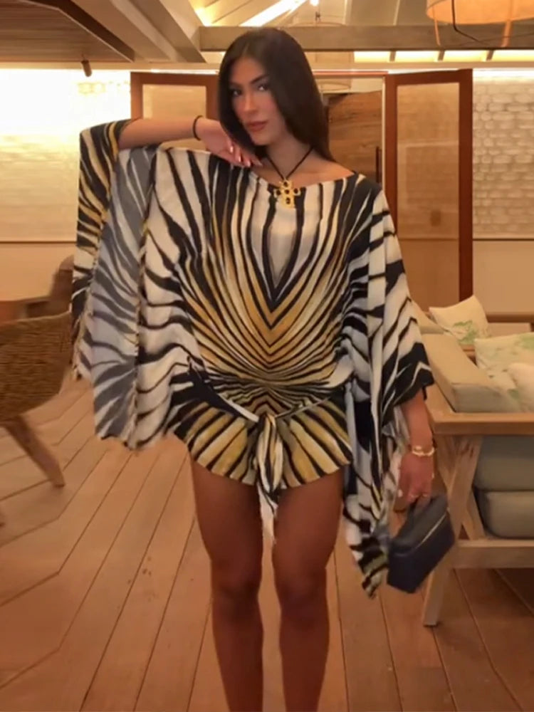 Holiday Loose Striped Mini Dress Women Round Neck Batwing Sleeve Lace Up Chic Dresses Female 2026 Summer Vacation Beach Robe