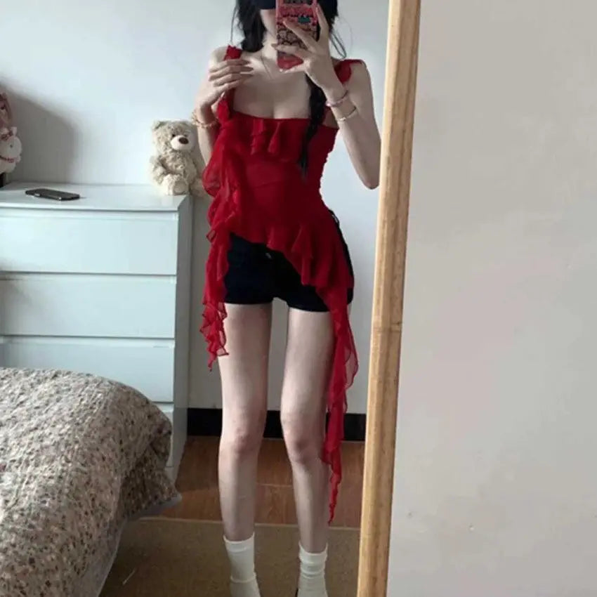 Fashion suspenders Sleeveless Tank Top Sexy Ruffles Backless Irregular  Tops Summer Casual Streetwear Women Camis