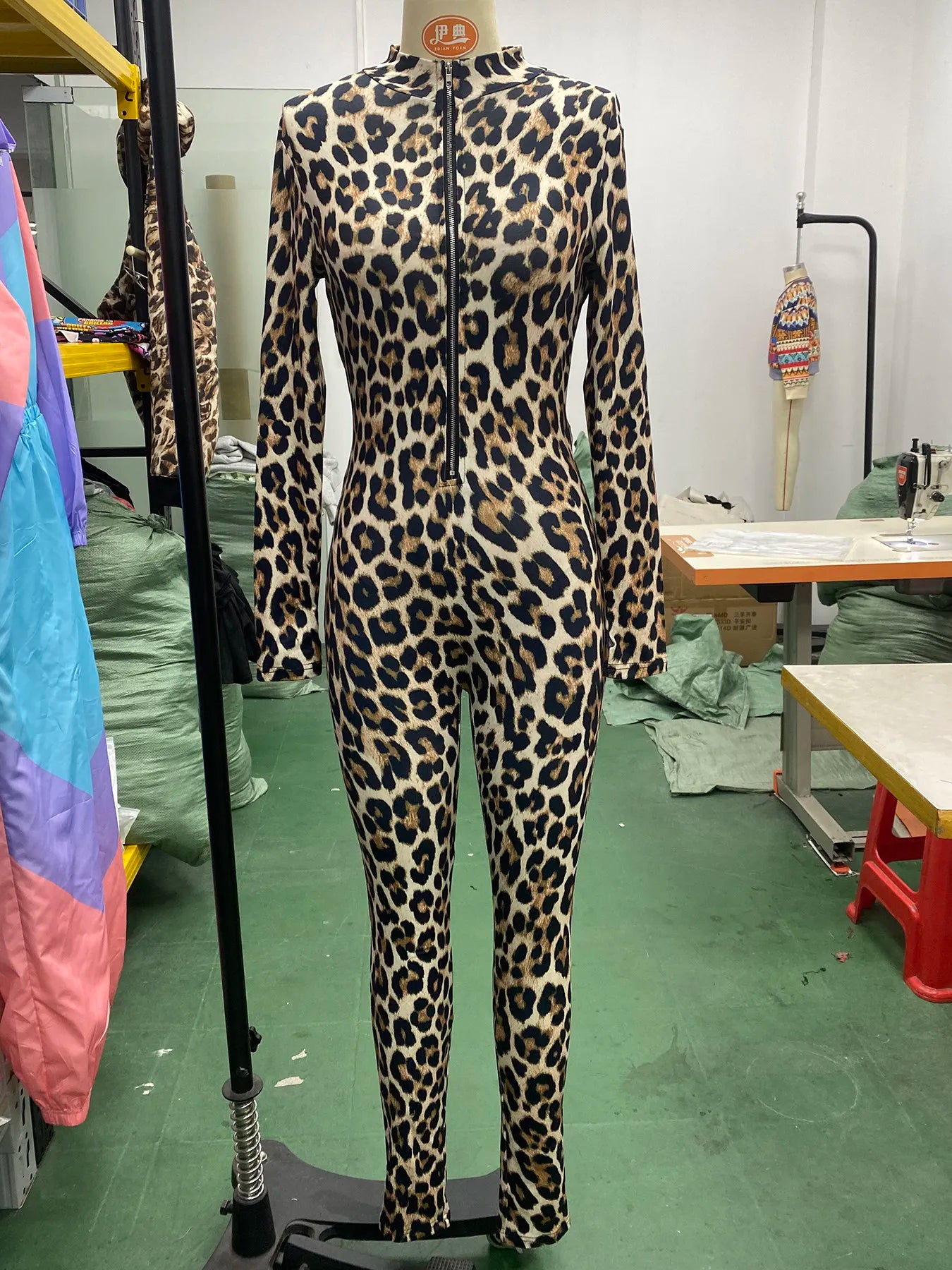 New 2026 Sexy Leopard Jumpsuit Women Knitted Tight Stretchy Zipper Full Length Pencil Pants Trousers Rompers Long Sleeve 63949