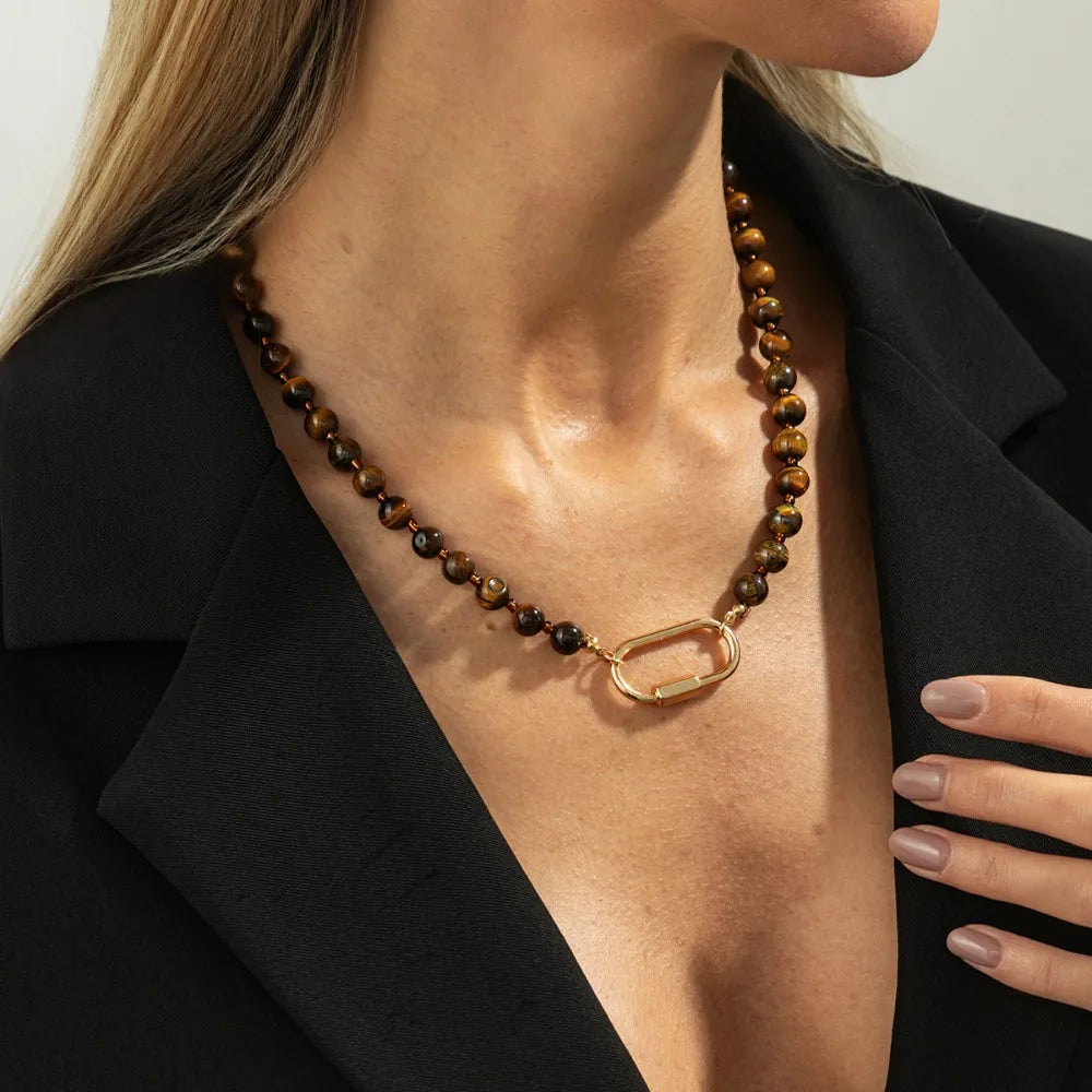 Retro Temperament Maillard Tiger's Eye Stone Beaded Necklace for Women Metal O-shaped Clasp Collarbone Chain Jewelry Accessory