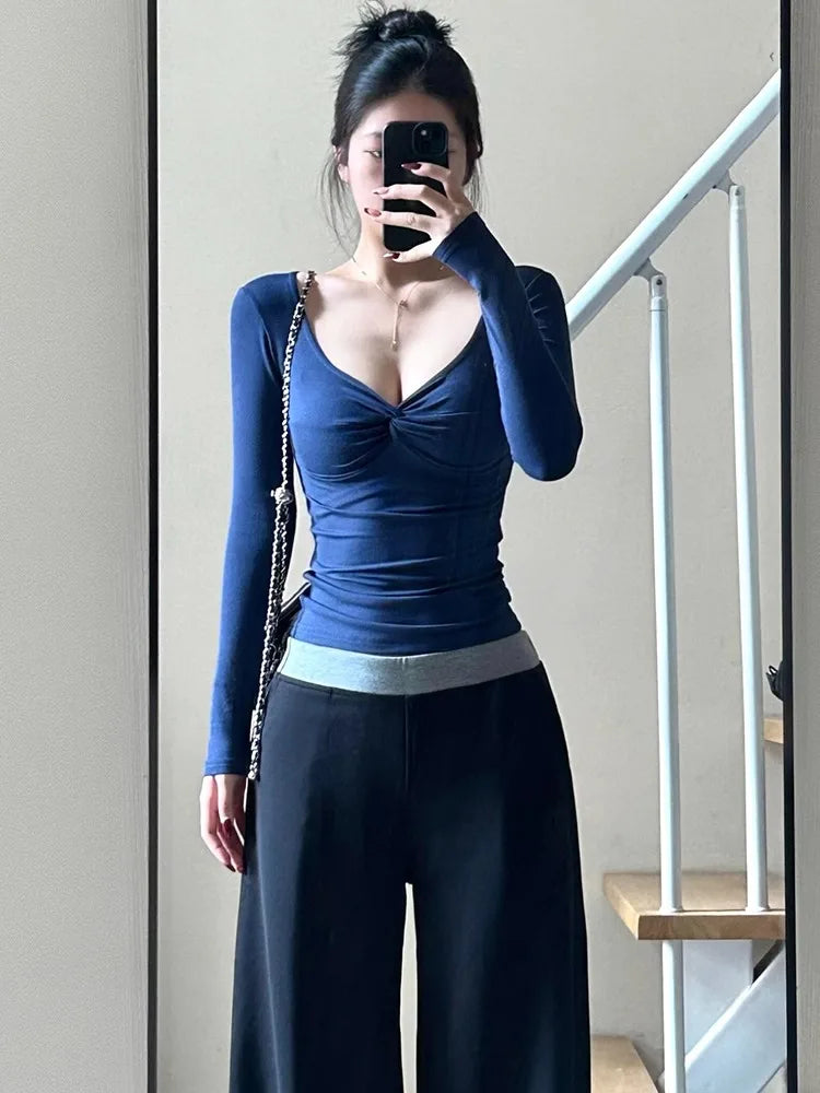 Women Fashion Deep V Neck Tops Long Sleeve T Shirt Autumn Female Sexy Low Cut Solid Slim Fit T-shirts Aesthetic Clothes