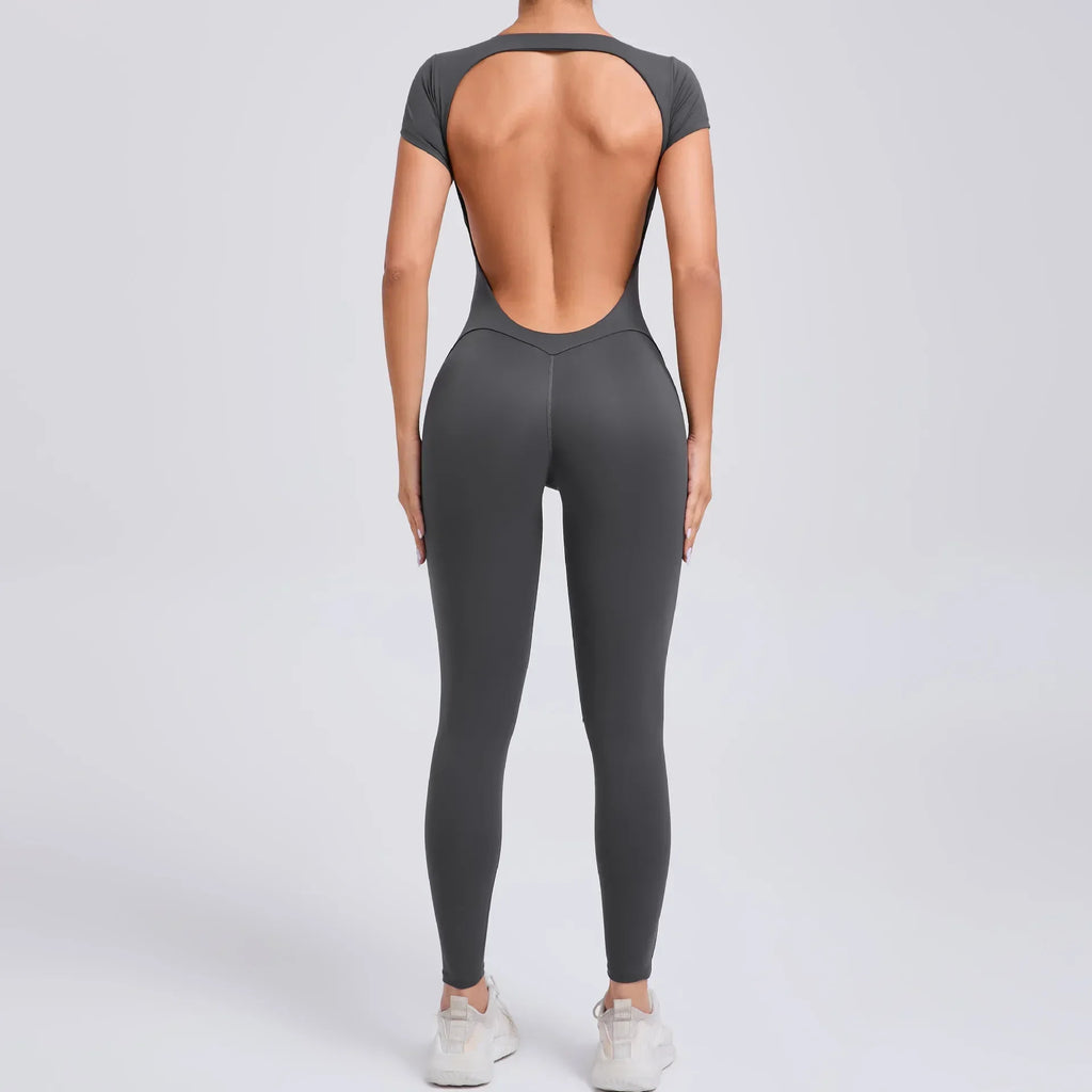Sexy Hollow Backless Sport Jumpsuit Women Sportswear One Piece Yoga Set Gym Outfit Short Sleeve Fitness Overalls Workout Clothes