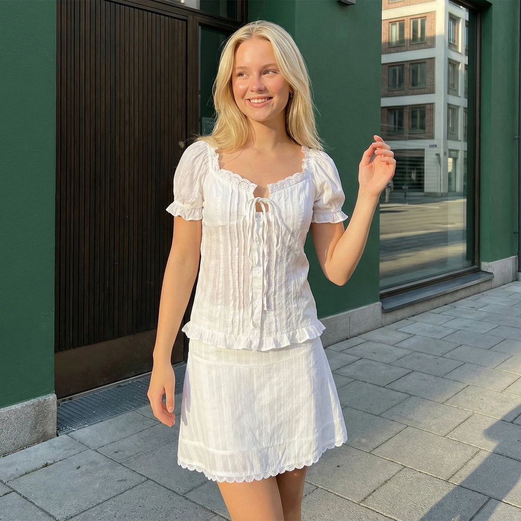 Women 2 Pieces Sets Solid Color Short Sleeve Tie-up Button-down Shirt with Mini Skirt Summer Outfit Streetwear