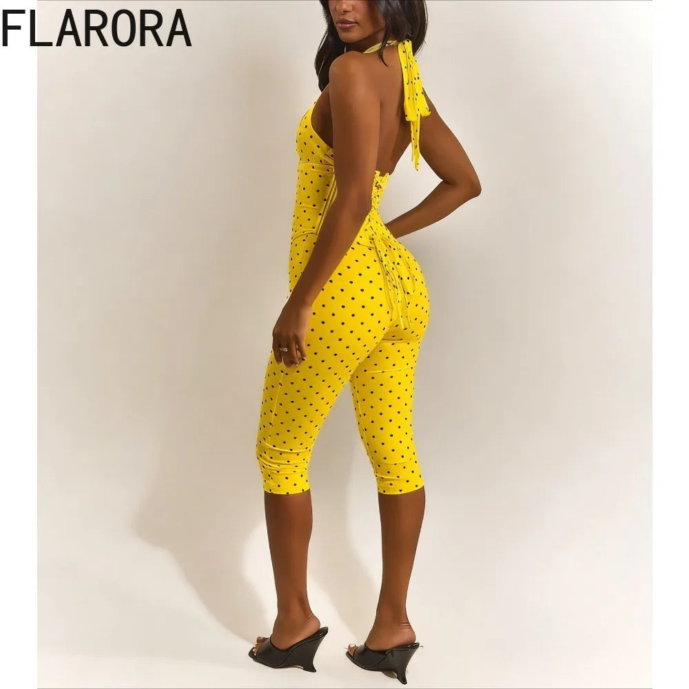 FLARORA Sexy Polka Dot Print Jumpsuit Woman Halter V-neck Corset Backless Bandage Calf Length Skinny Peach Hip Street Overalls